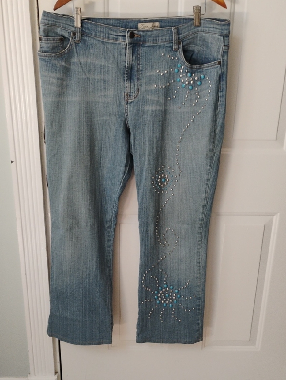 Light Blue Embellished Boot Cut Jeans with Turquoise Accents